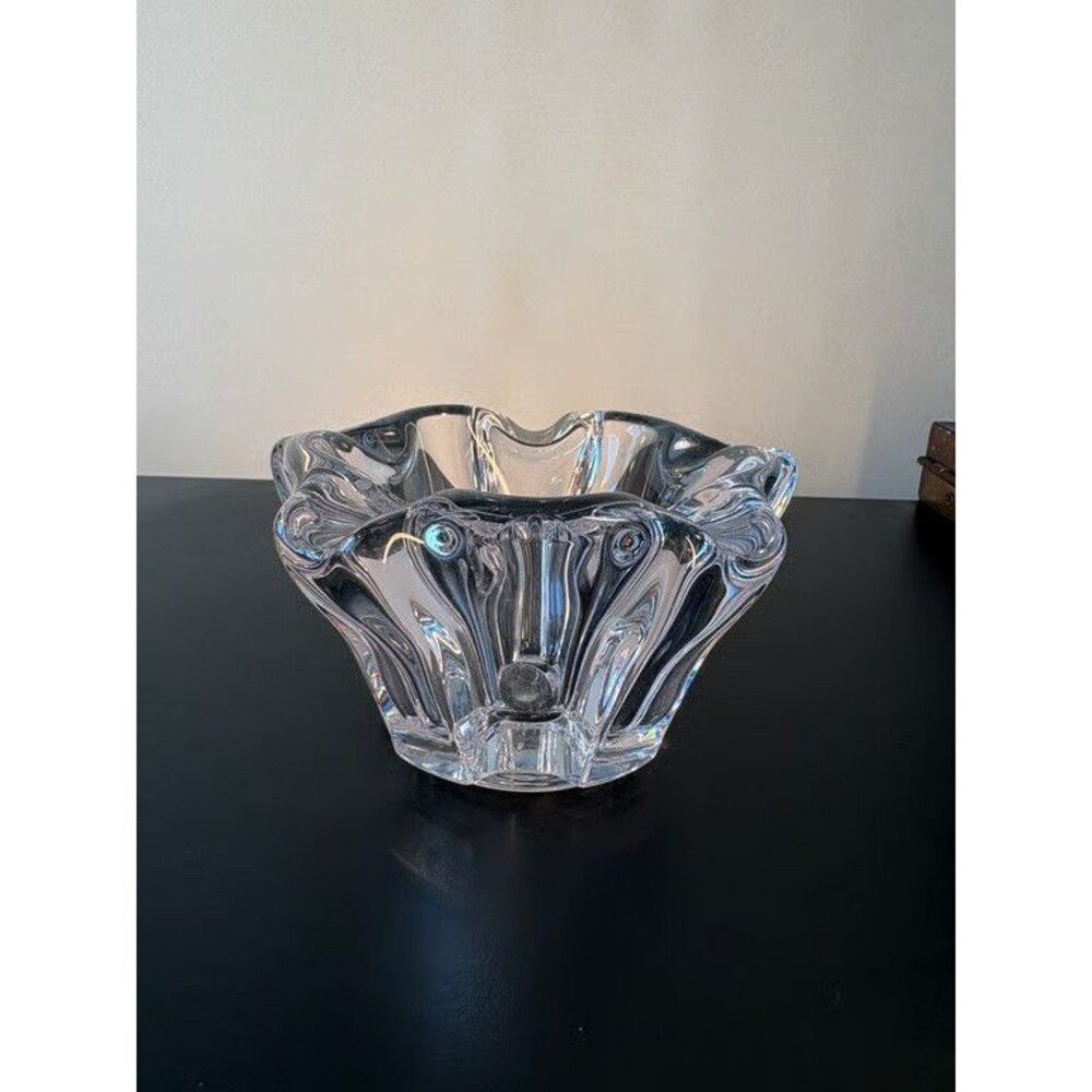 Heavy Crystal Bowl Petal Rim Thick Walled Clear Glass Lotus Centerpiece Vintage